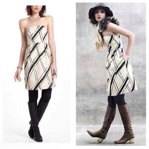 Girls From Savoy Anthropologie Dress 6 Strapless Gold Abstract Brushstroke Plaid